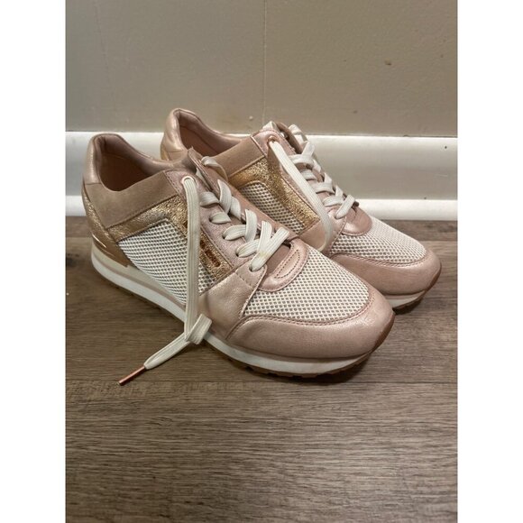 Michael Kors Womens Leather/Textile Sneakers Size 9.5 M Rose Gold & White HJ18A - Picture 1 of 7